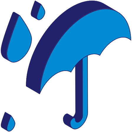 A 3D isometric illustration of a an umbrella protecting from three water droplets to convey flood insurance.