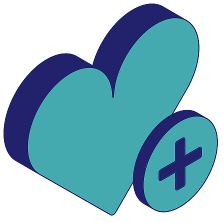 A 3D isometric illustration of a health and circle icon with a plus symbol to convey health insurance.