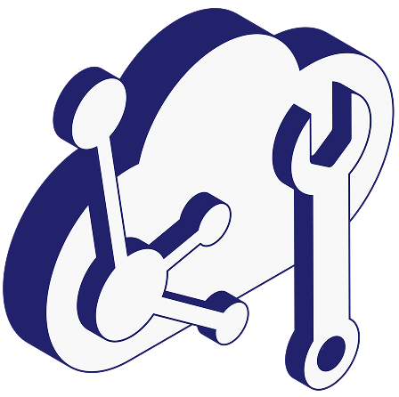 3D isometric illustration of a cloud with a network symbol and wrench to convey managed IT.