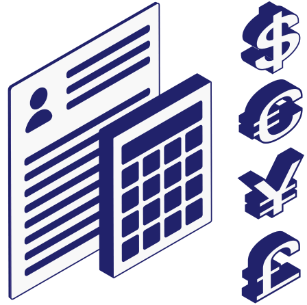 3D isometric illustration of a sheet of paper with employee details, a calculator, and various currency symbols to convey payroll and HR.
