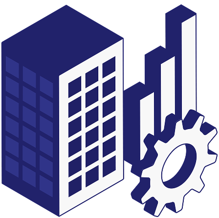 3D isometric illustration of a city building with a rising bar chart and gear to convey business operations.