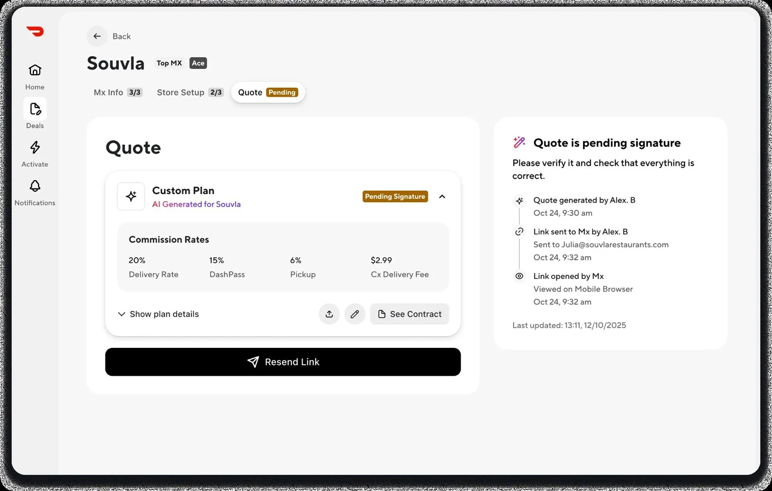 DoorDash prototype quote screen showing pending signature status and activity history