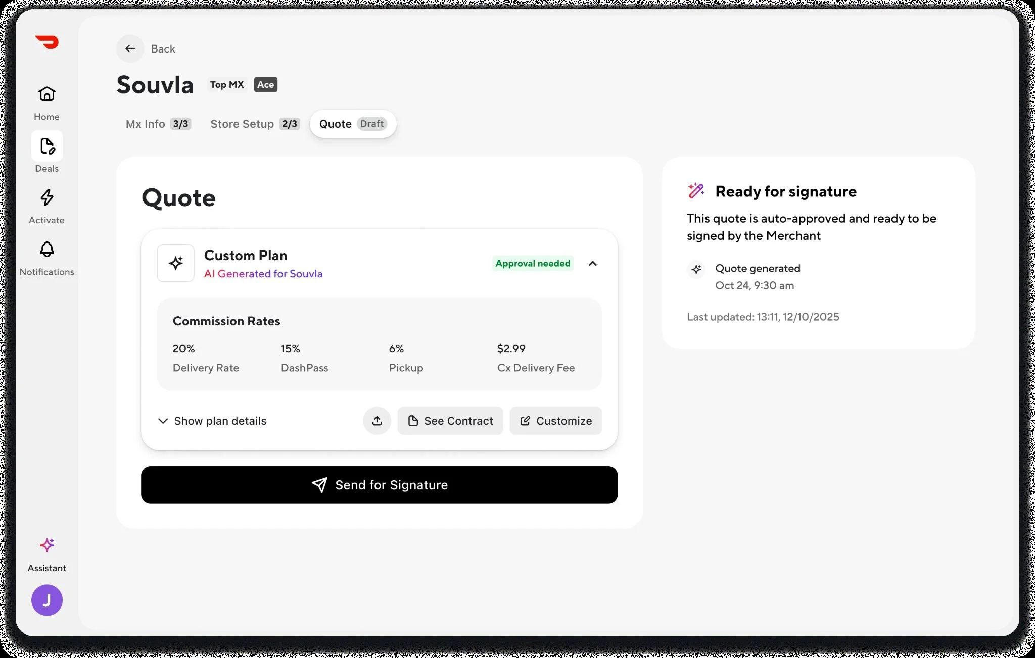 DoorDash prototype screen showing an AI-generated merchant offer, proposed rates, contract access and a send-for-signature action