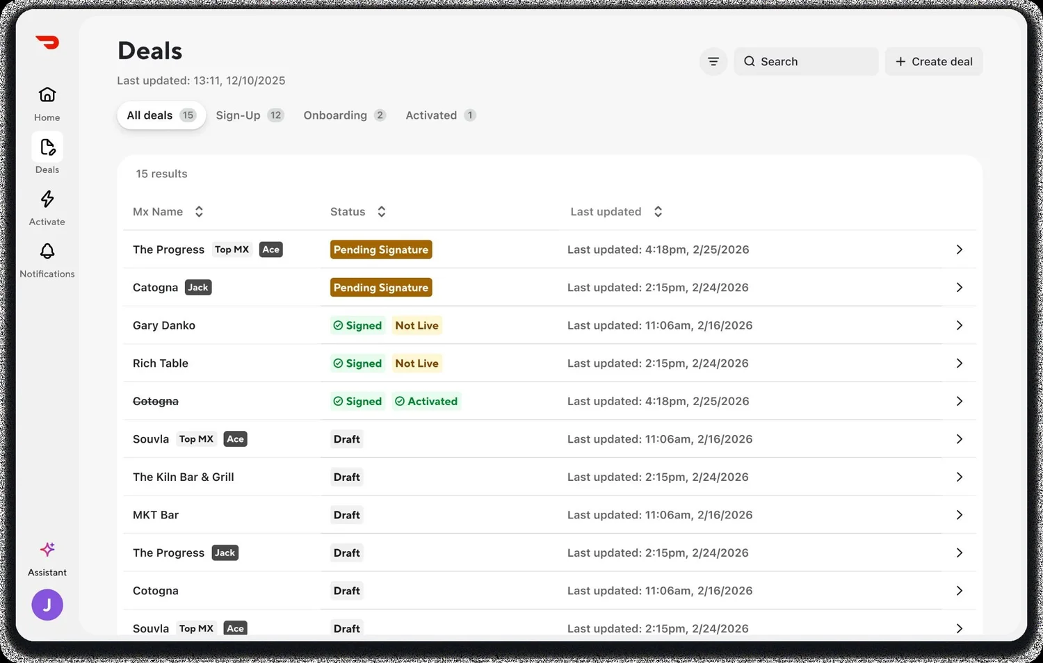 DoorDash prototype deals screen showing merchant offers in draft, pending signature, signed and activated states