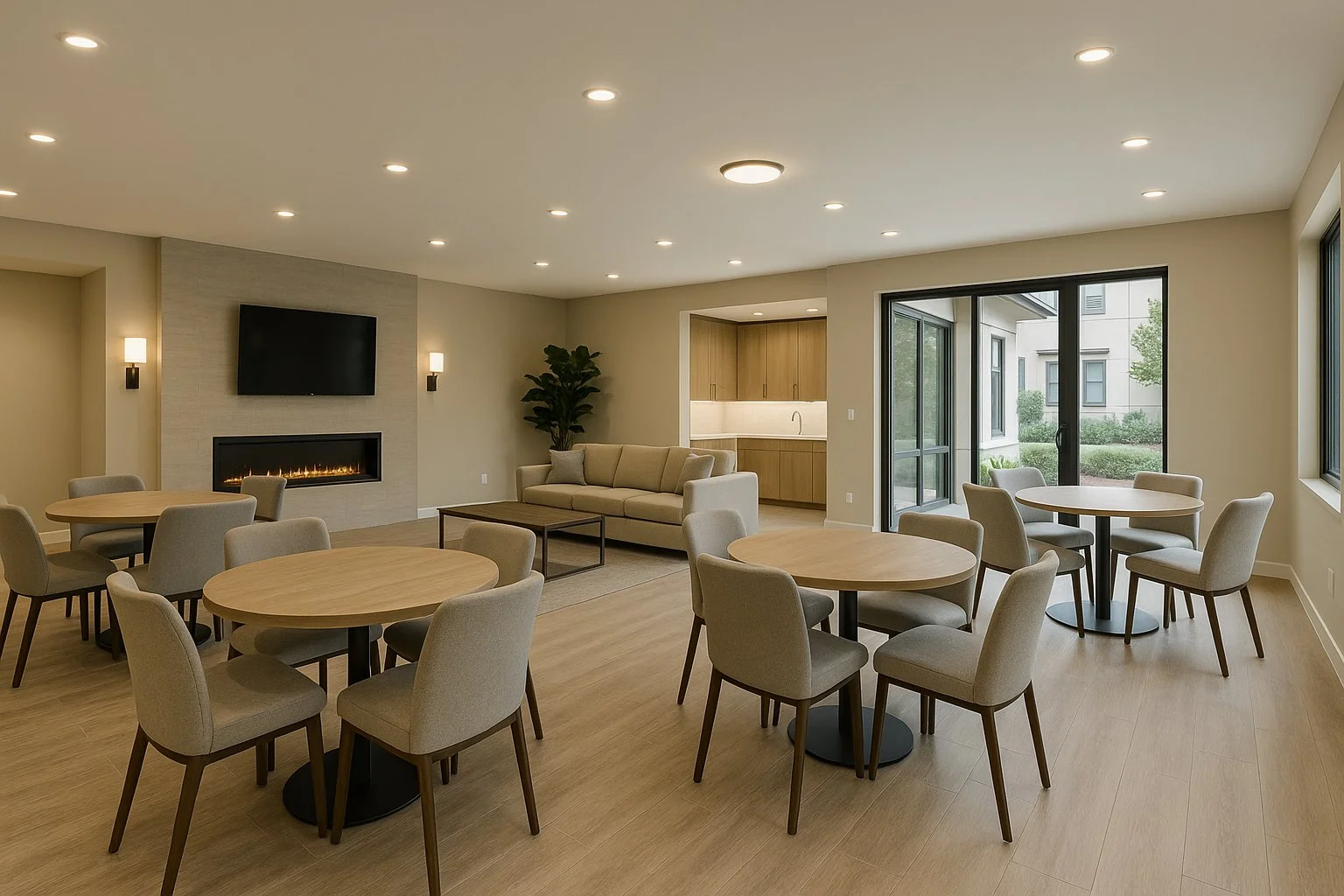 Renovated HOA amenity space with new finishes lighting and safety improvements