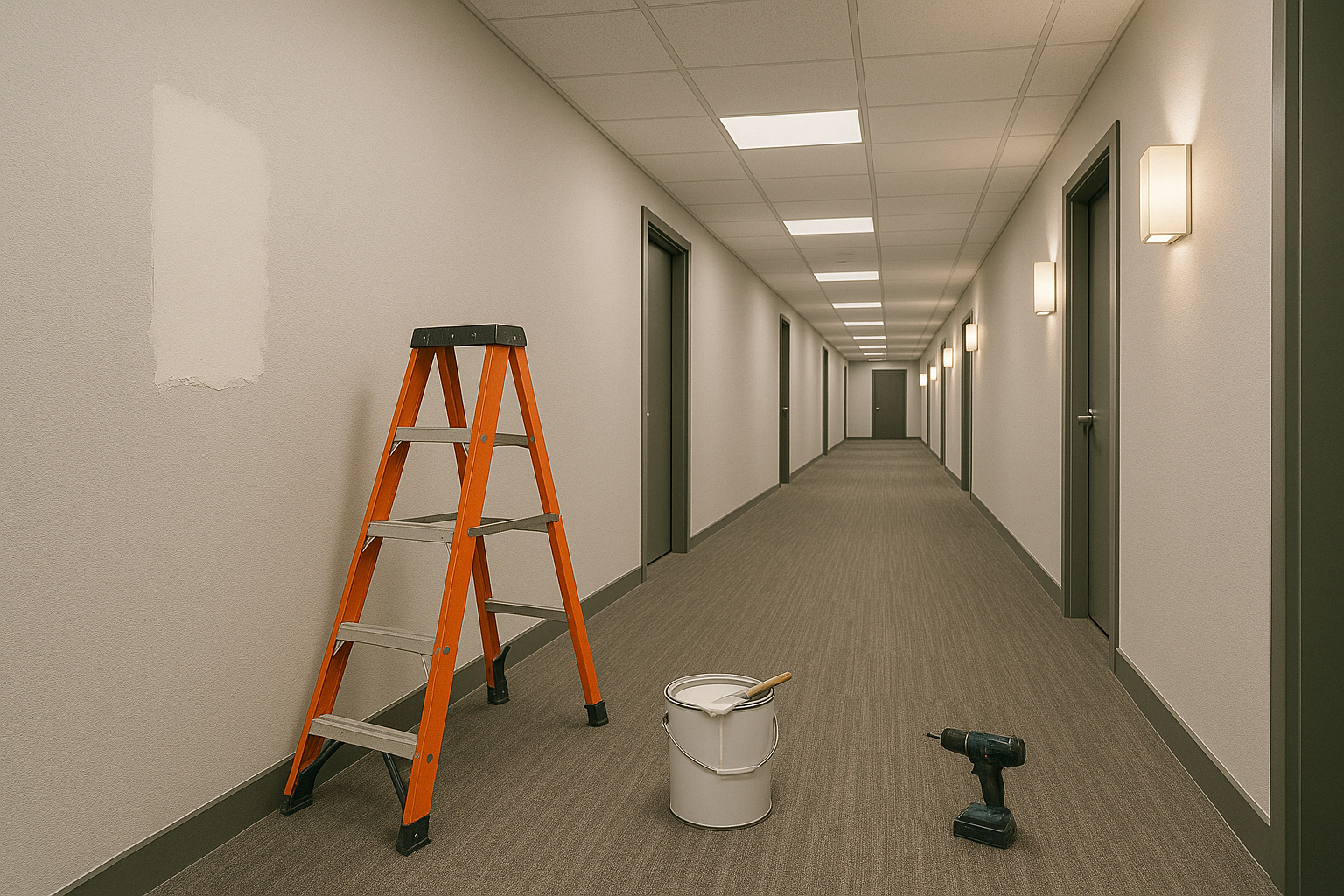 Commercial building corridor or lobby with repaired finishes and upgraded lighting