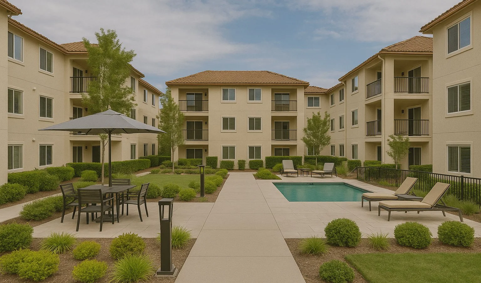 Updated HOA common area with new hardscape, seating, and lighting