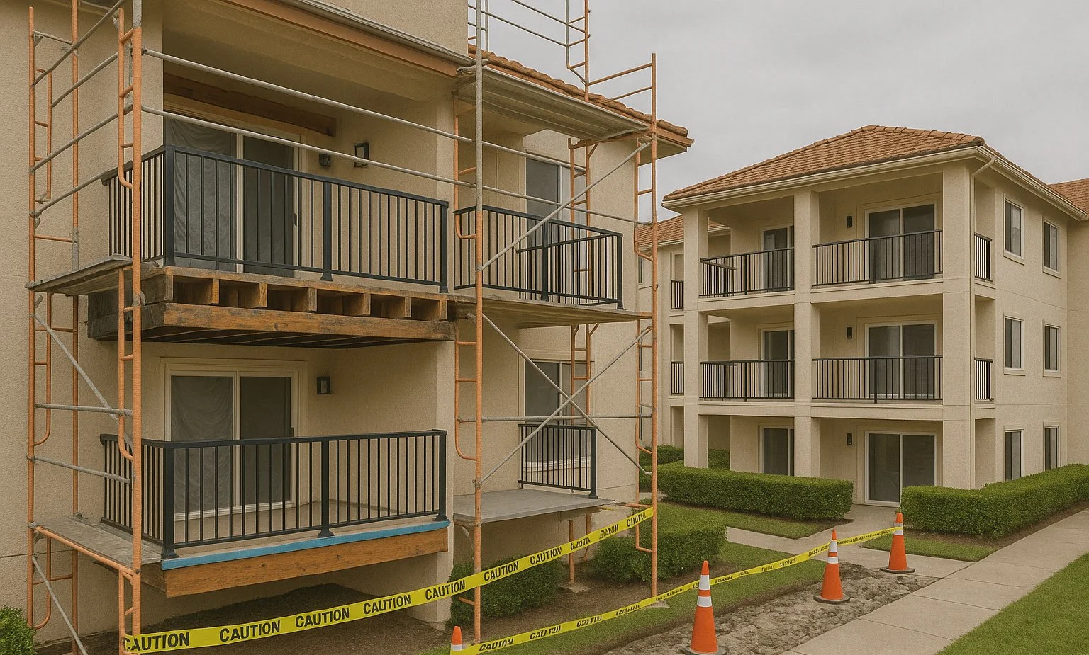 Renovated HOA balconies and walkways at a multi-building community