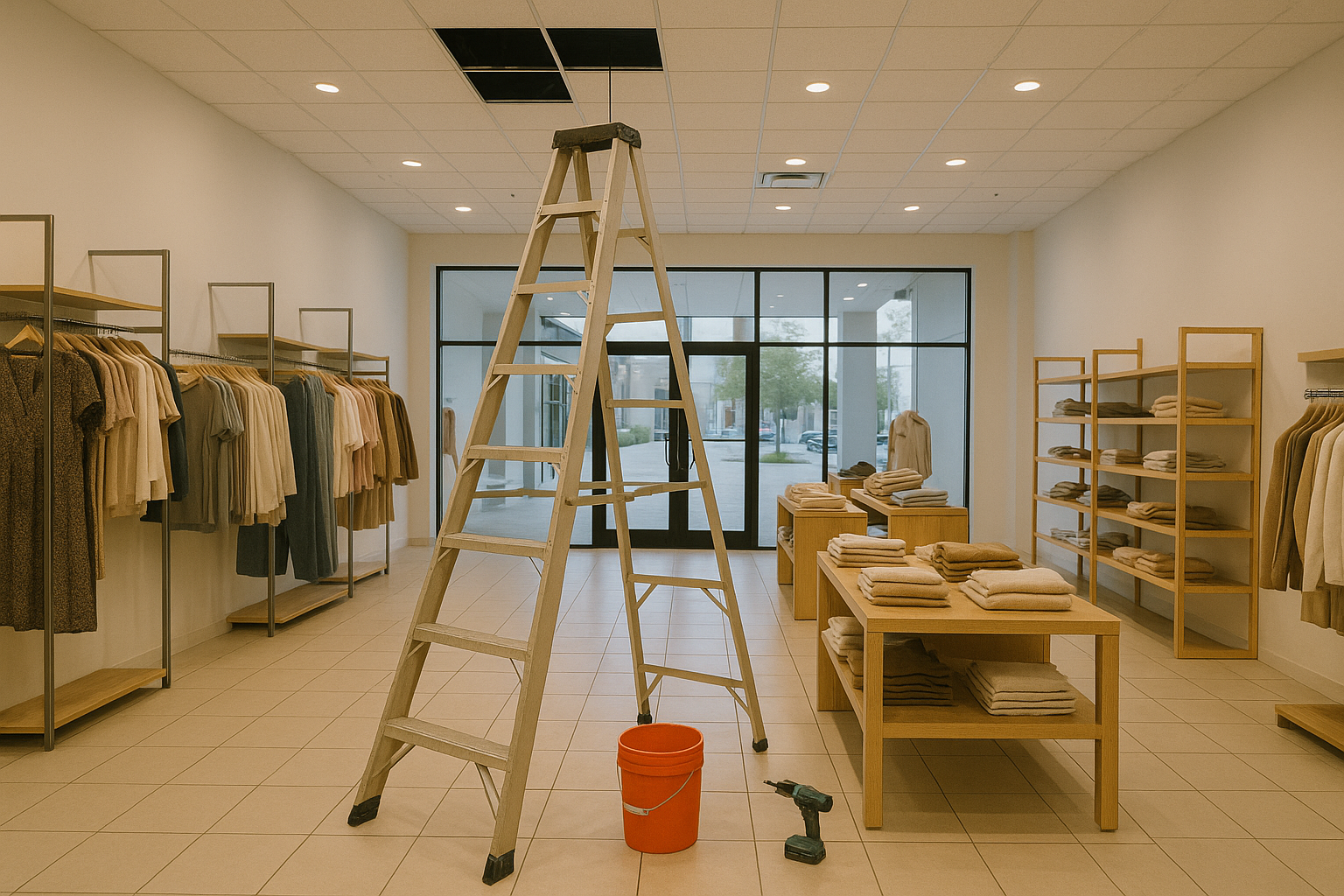 Retail storefront and interior with maintained finishes and lighting