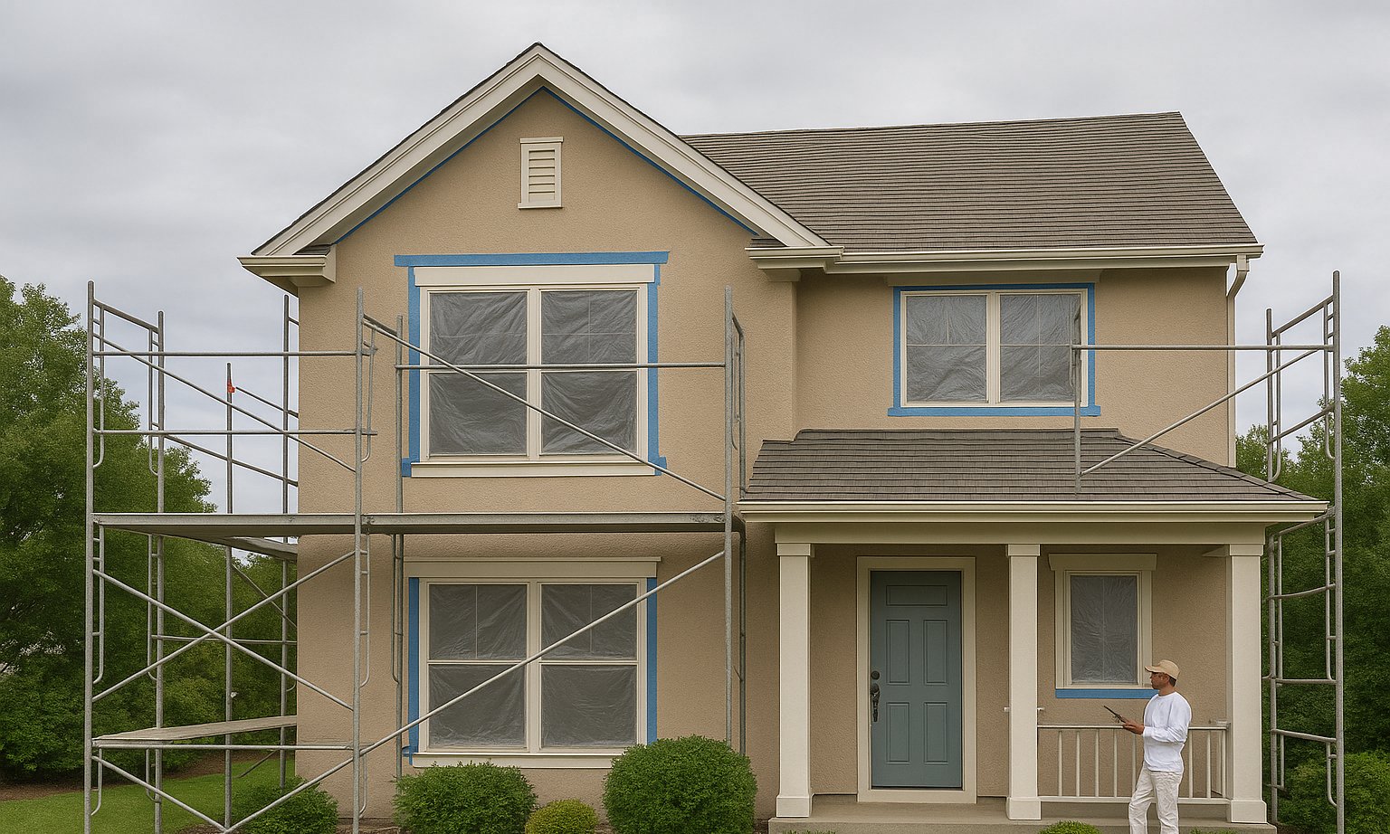 HOA building exterior with fresh stucco, paint, and waterproofing details