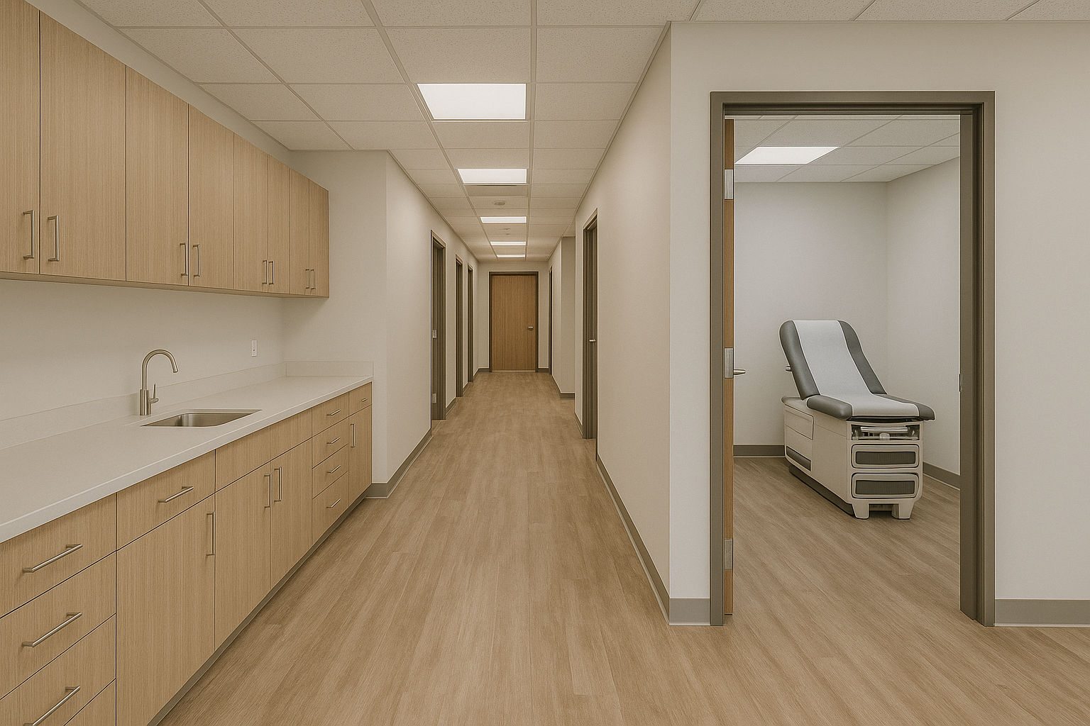 Medical tenant build-out with specialized rooms and corridors
