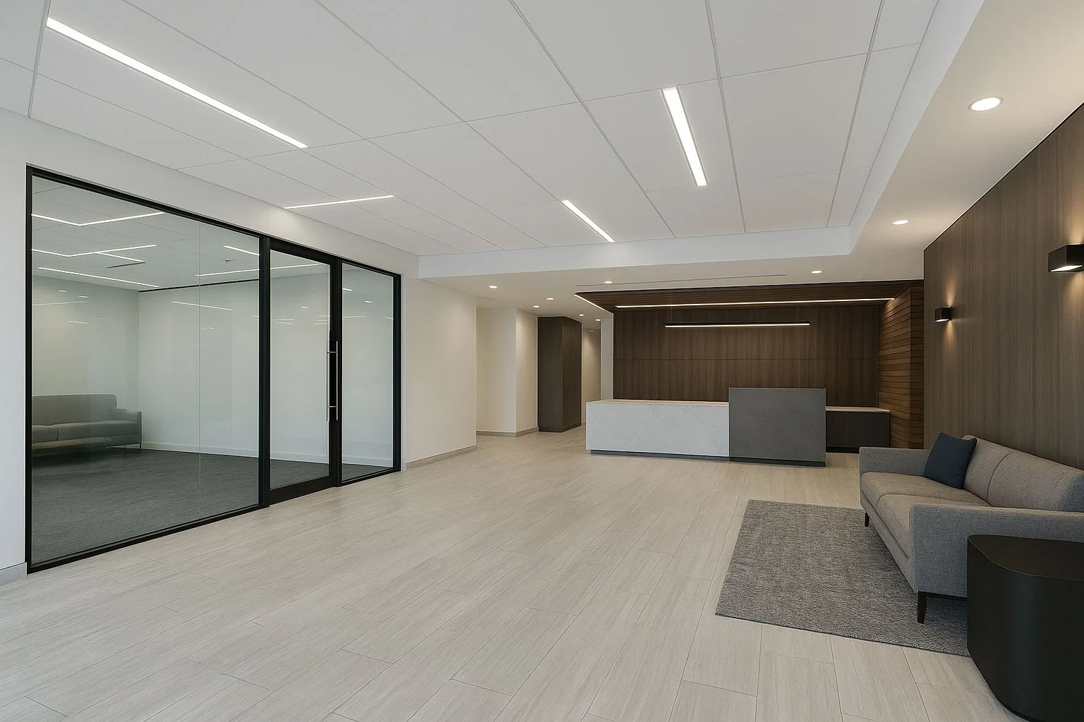 Office lobby renovation in Irvine, CA with modern finishes