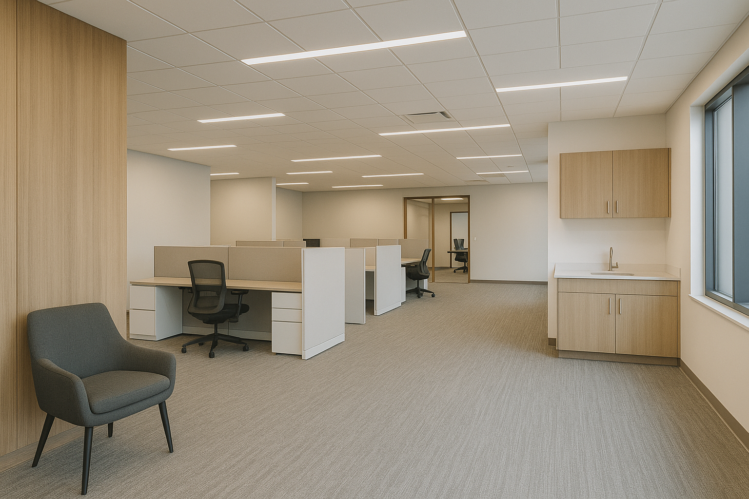 Office suite renovation with modern finishes and lighting