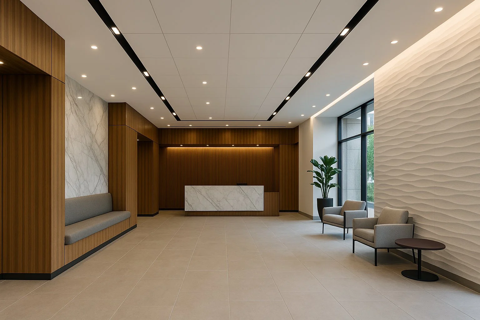 Modern commercial lobby renovation with upgraded flooring lighting and wall finishes