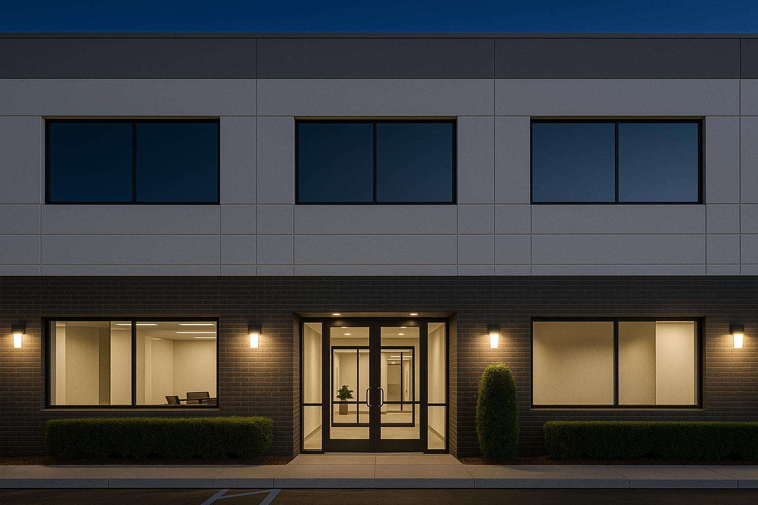 Exterior view of commercial buildings with updated façade