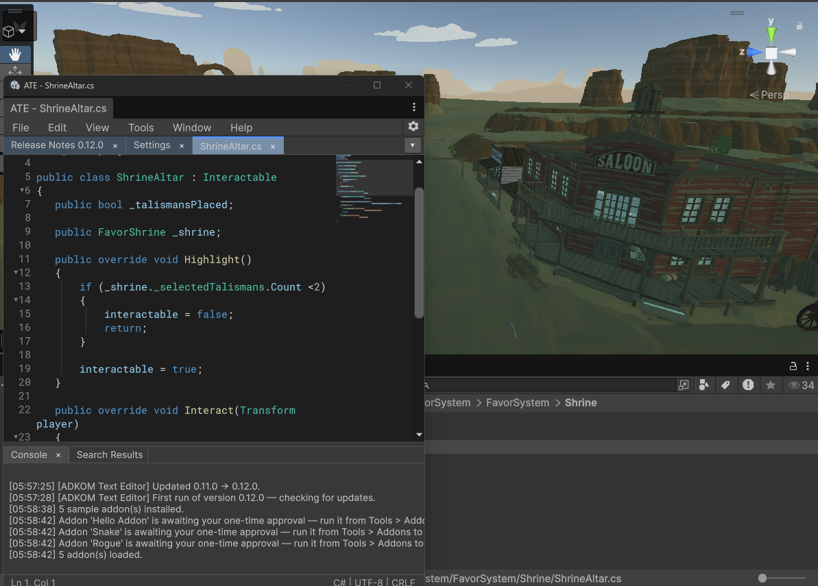 ADKOM Text Editor editing C# over a live Unity scene