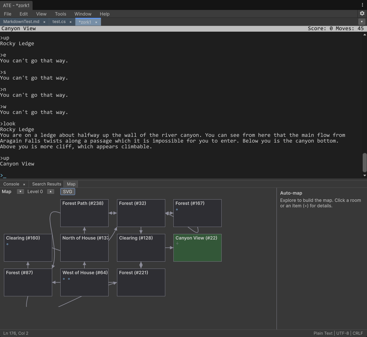 Zork I running on the built-in Z-Machine with the auto-mapper