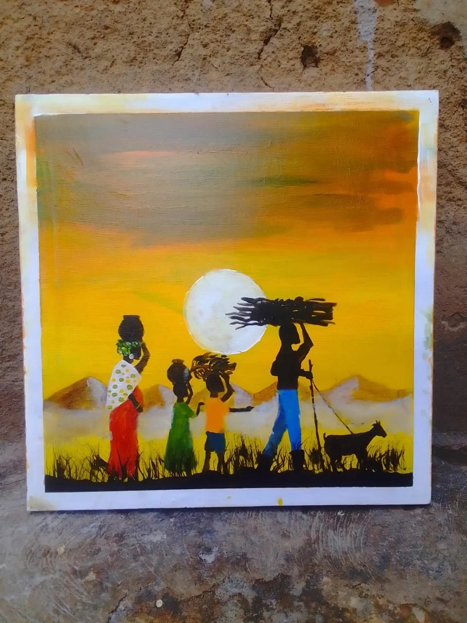 Painting of a family walking at sunset carrying water and firewood