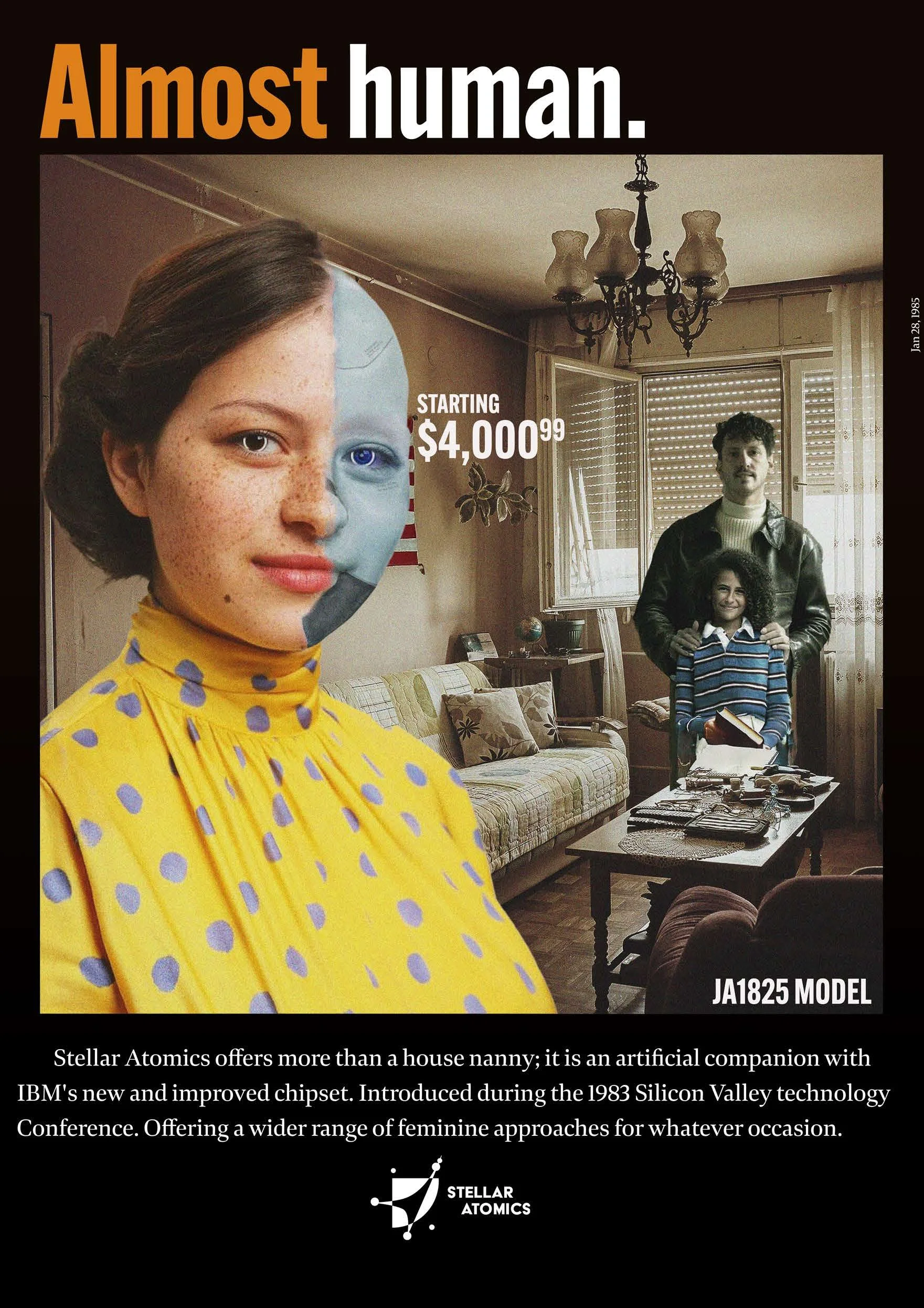 Scientist holding up poster with the tagline Almost Human