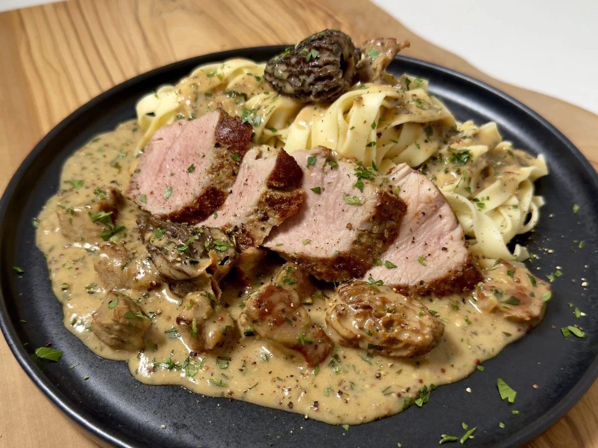 Pork tenderloin with mustard and morel sauce