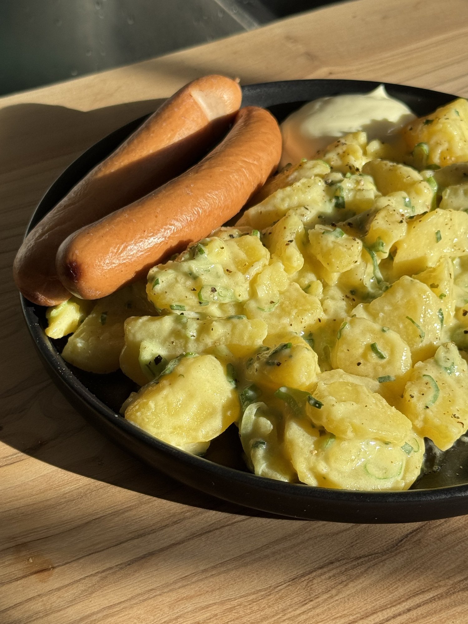 Grandma's potato salad with Wienerli, close-up