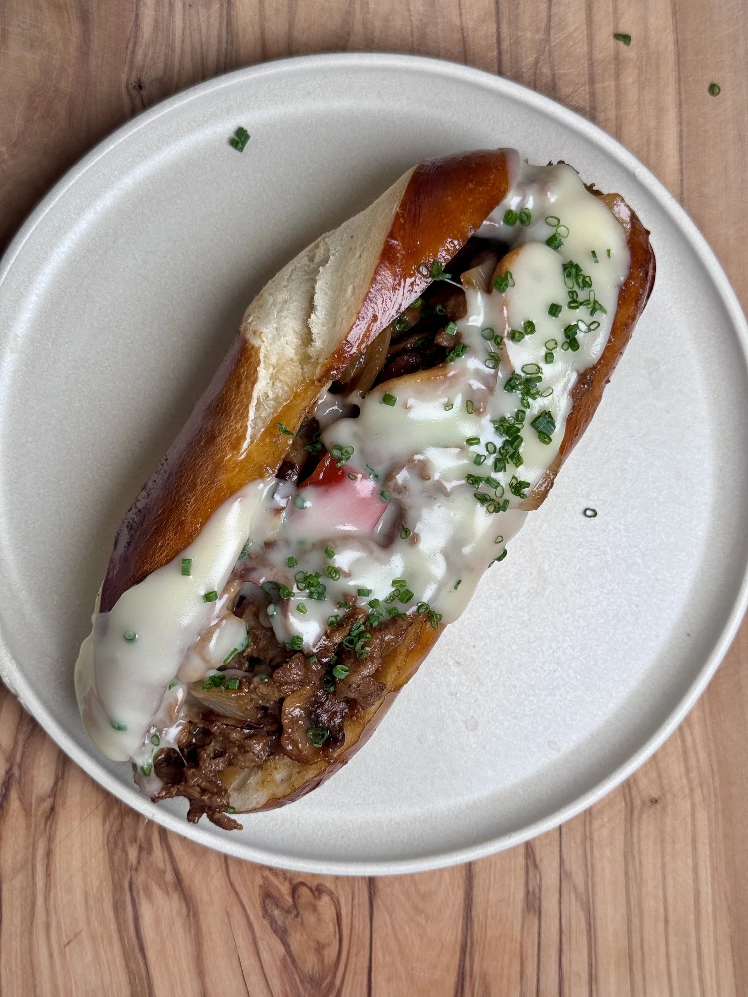 Swiss cheesesteak, close-up