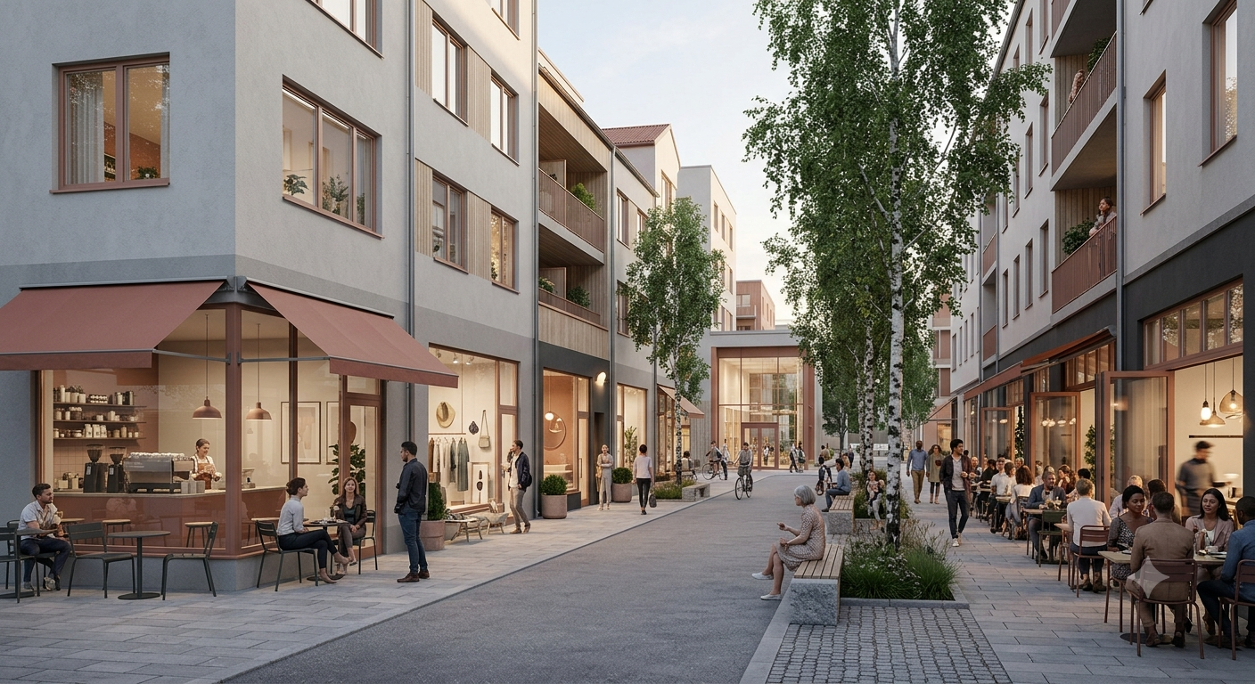 Levande bottenvåningar med restauranger och handel