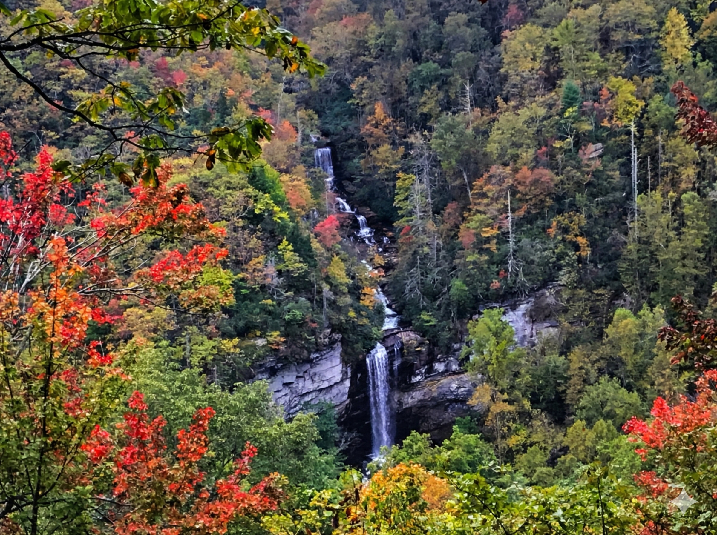 A dizzying view of the 400-foot cascade at Raven Cliff Falls, South Carolina's tallest waterfall, accessible via a rewarding hike near Riverdaze.