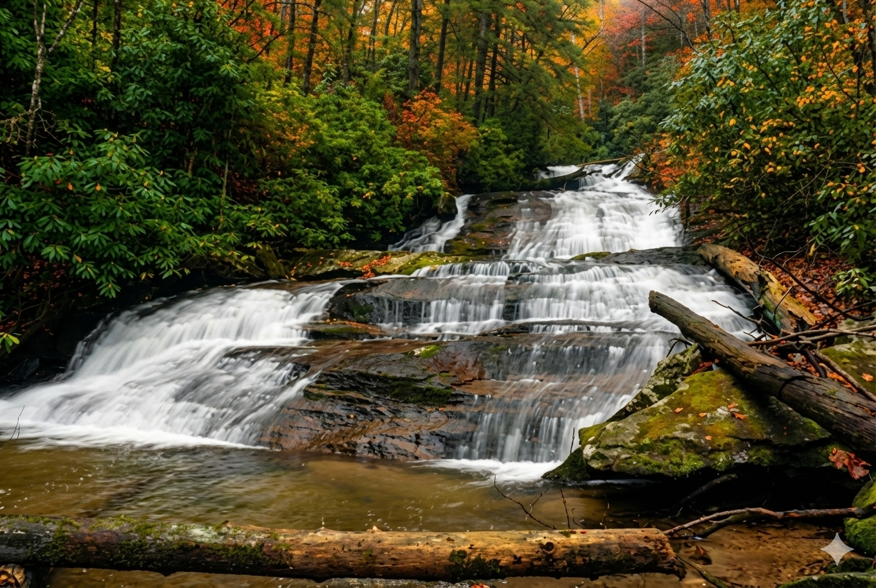 A moderate and peaceful hike through the woods leading to the majestic Virginia Hawkins Falls, a quiet alternative for guests at Riverdaze.