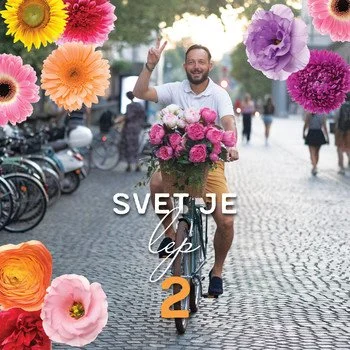 Published Svet je lep 2 artwork: Zlatko on a bicycle with flowers.