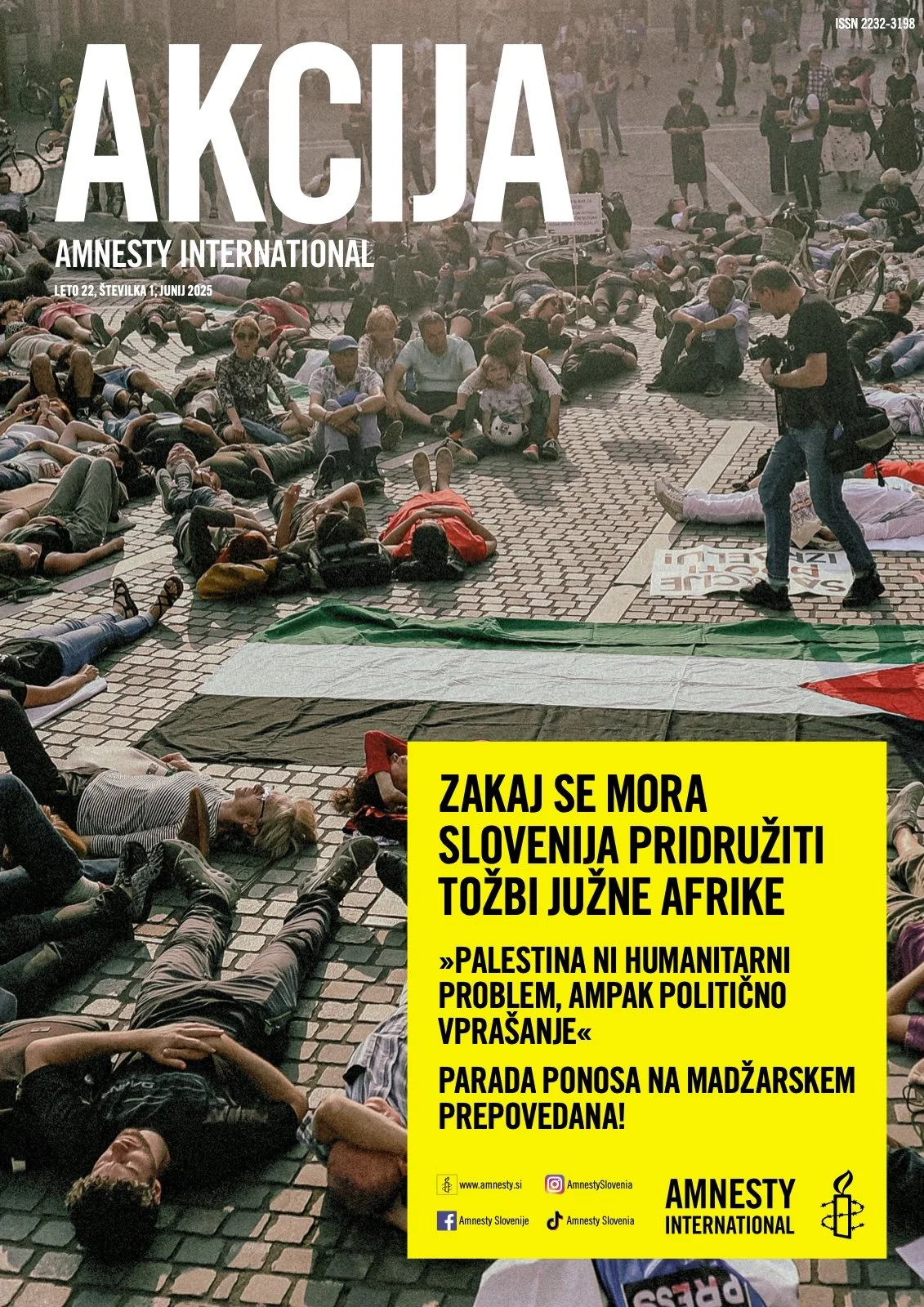 Cover of Amnesty Slovenia’s Akcija 1/2025, showing a public protest.