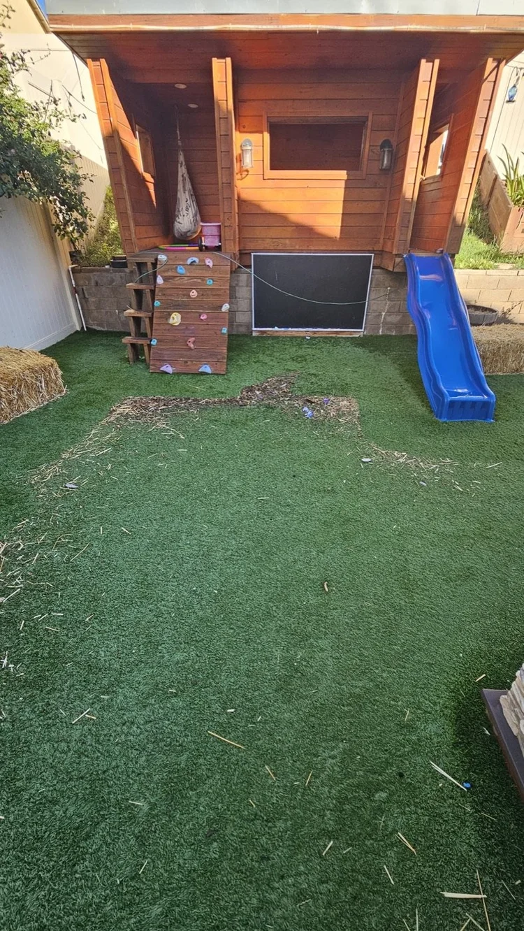 Turf in front of a kids’ playhouse before cleaning
