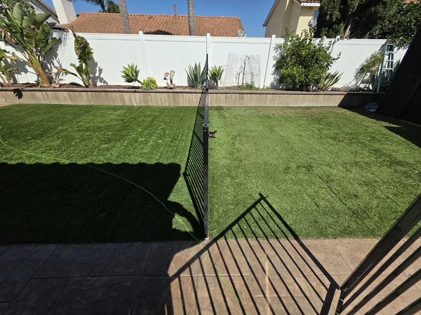 Fenced backyard turf before cleaning