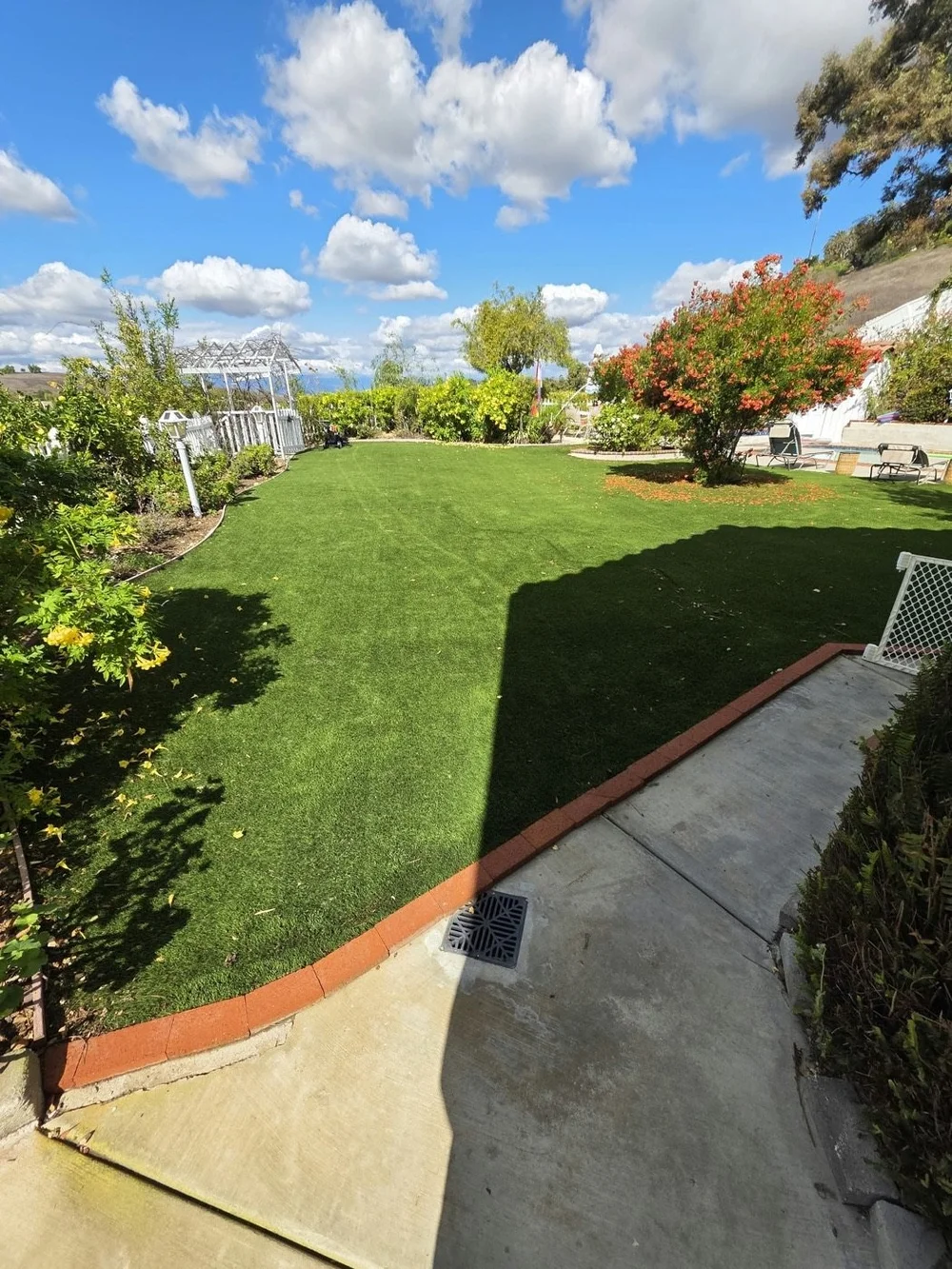 Artificial turf around a backyard gazebo before a Hydroforce cleaning