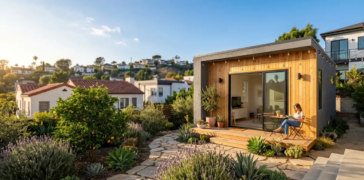 AI-generated concept of a contemporary ADU with a landscaped outdoor space