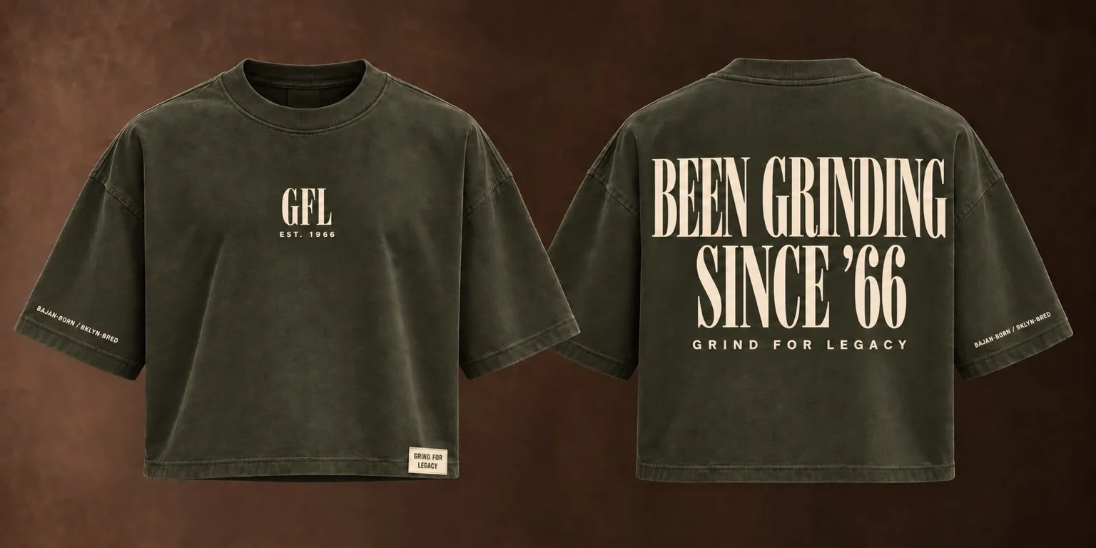 Olive / Cream Grind for Legacy boxy tee design, front and back.