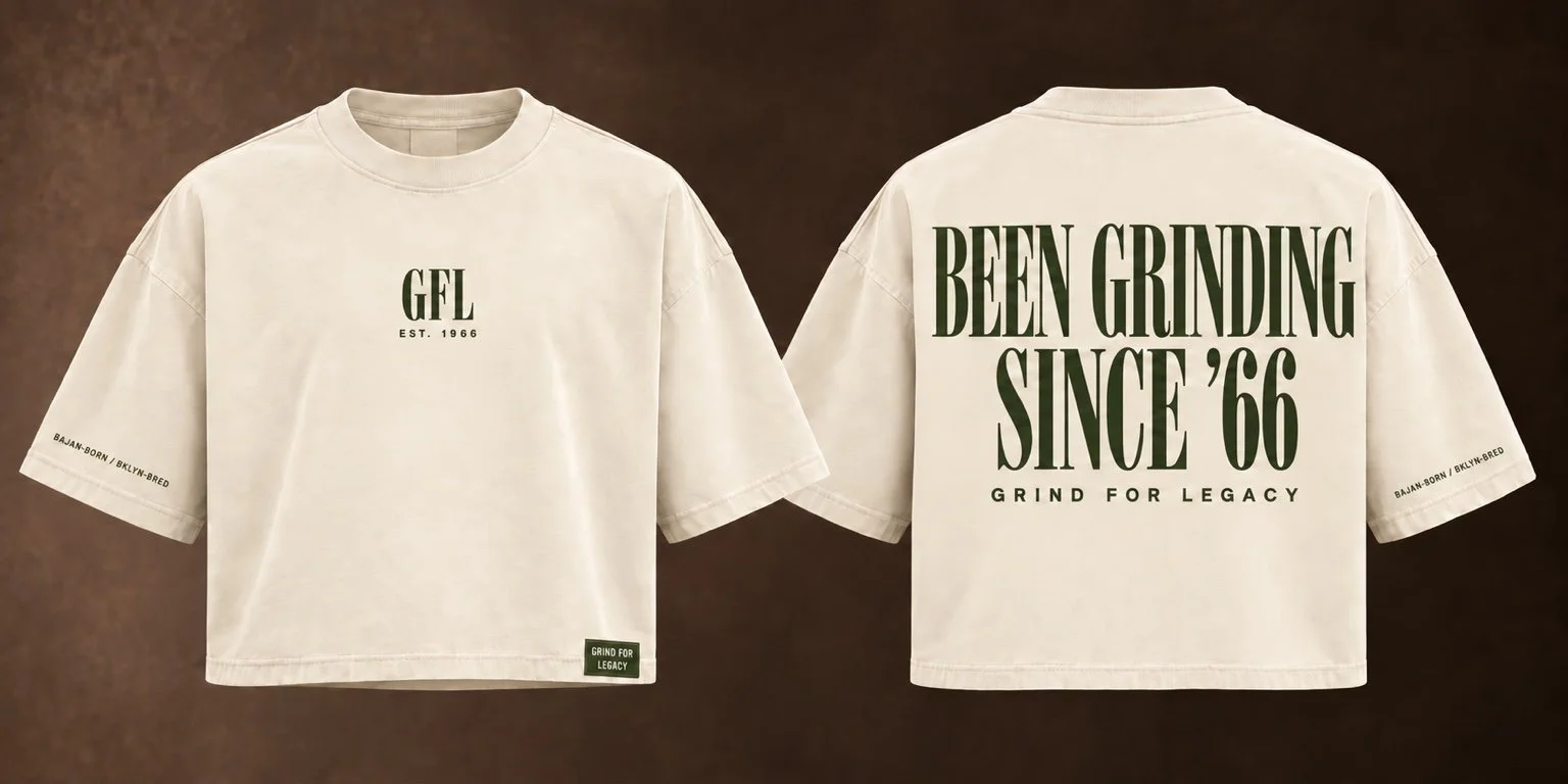 Cream / Olive Grind for Legacy boxy tee design, front and back.