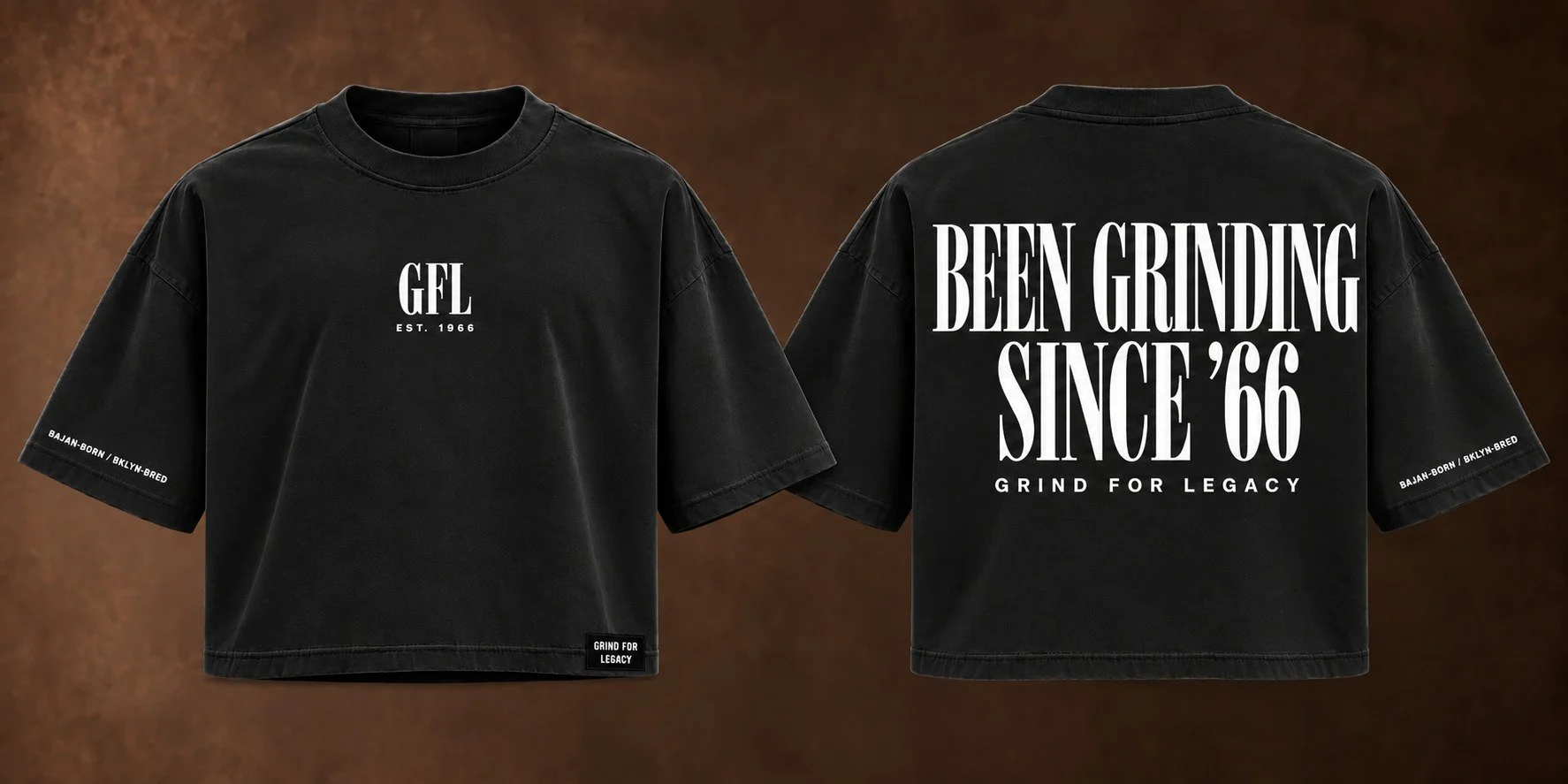 Black / White Grind for Legacy boxy tee design, front and back.