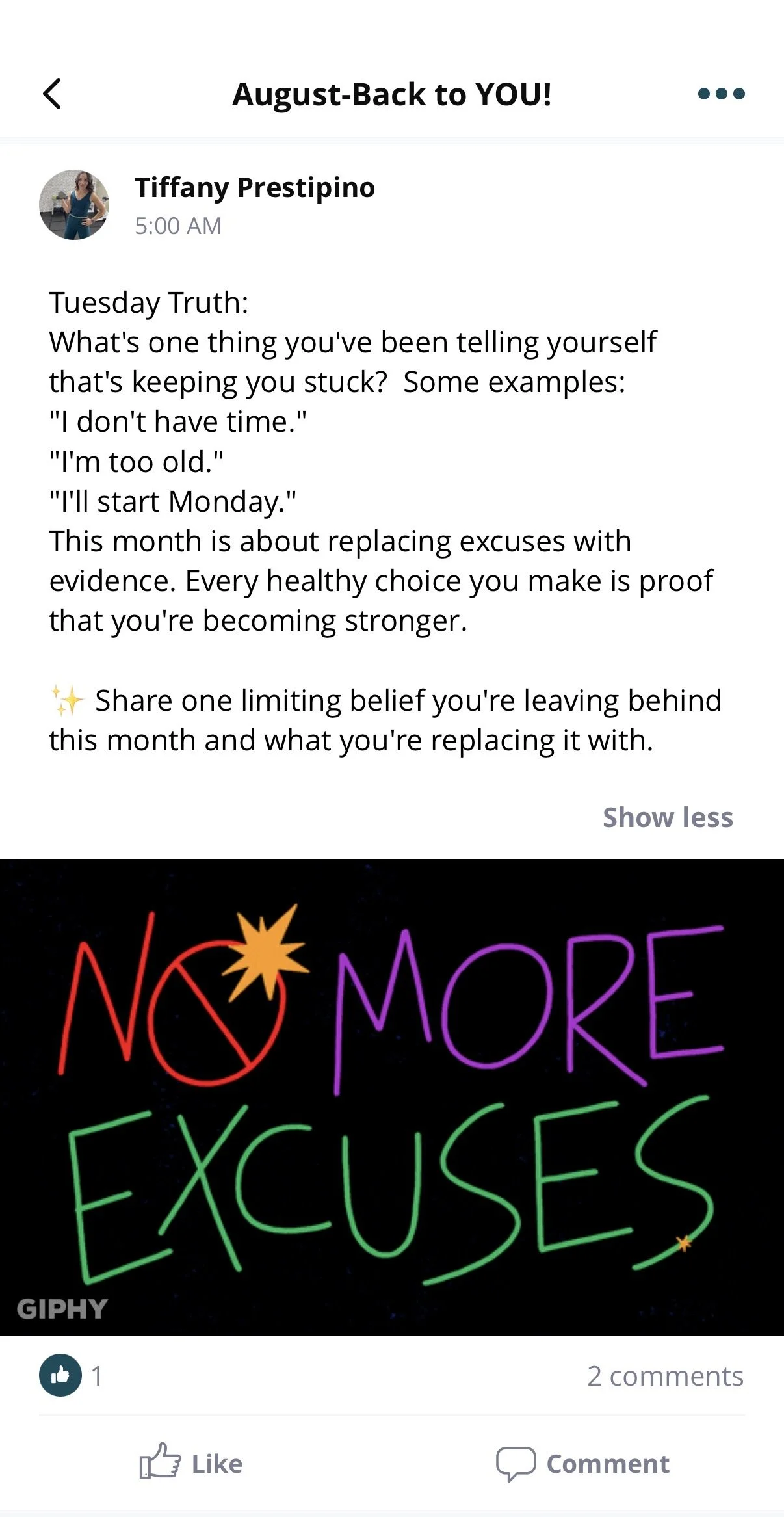 Supportive community page inside the app