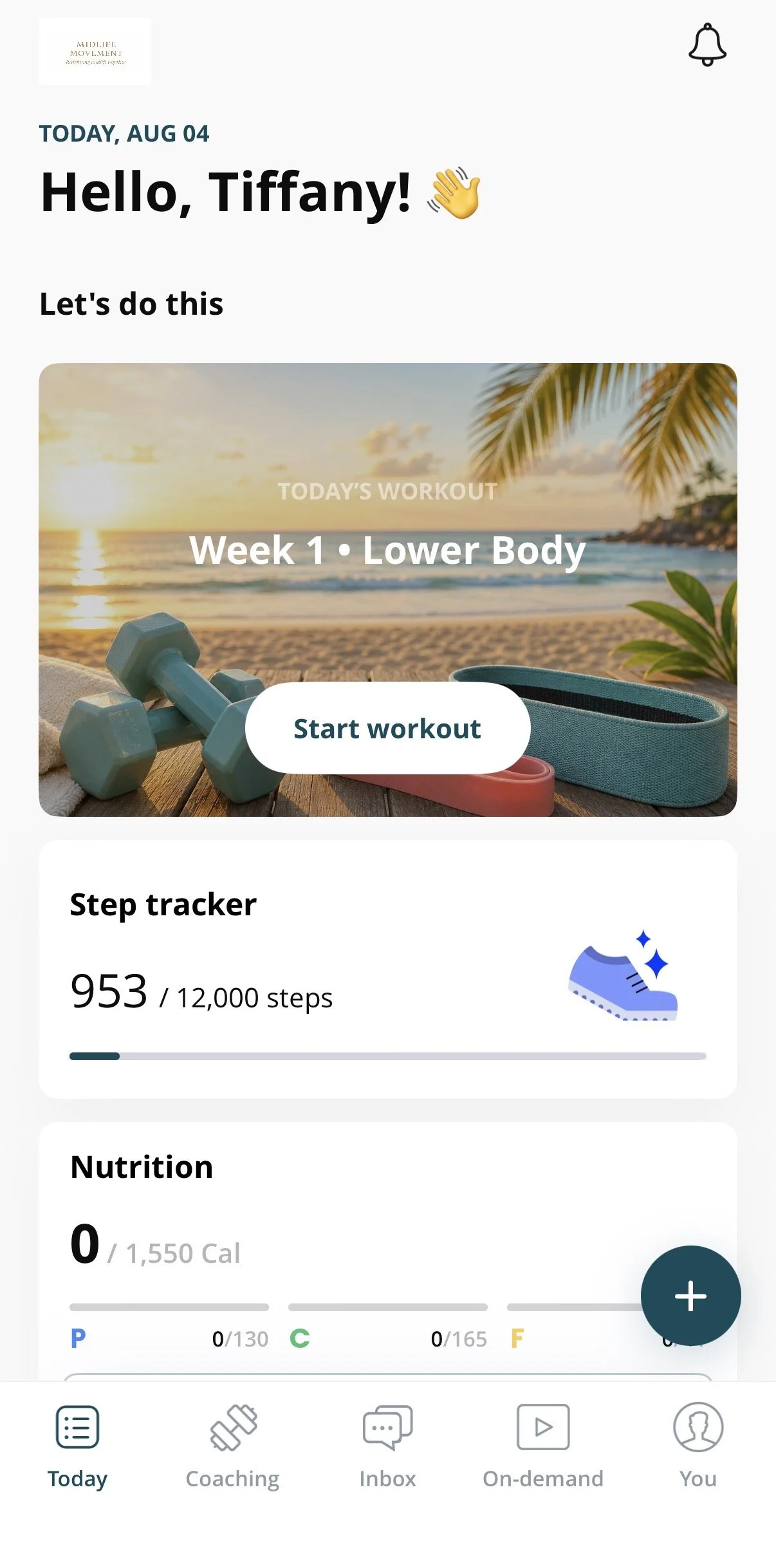 Personalized welcome screen inside the fitness app