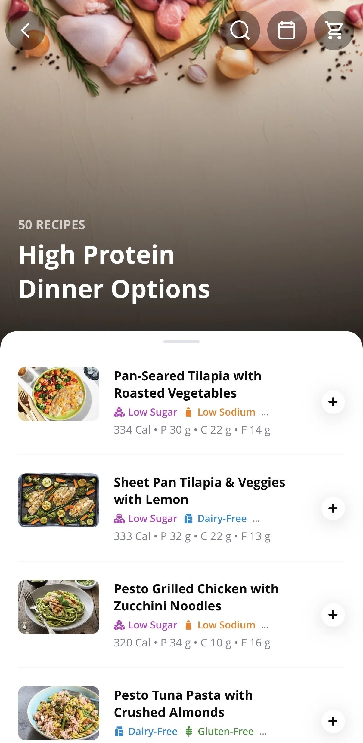 High-protein recipes displayed inside the app