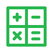 Green calculator app icon featuring four large light green mathematical operation buttons on a dark green background: addition (+), subtraction (−), multiplication (×), and equals (=) symbols arranged in a 2x2 grid – simple calculator icon for iOS/Android apps, math tools, or basic arithmetic keywords.