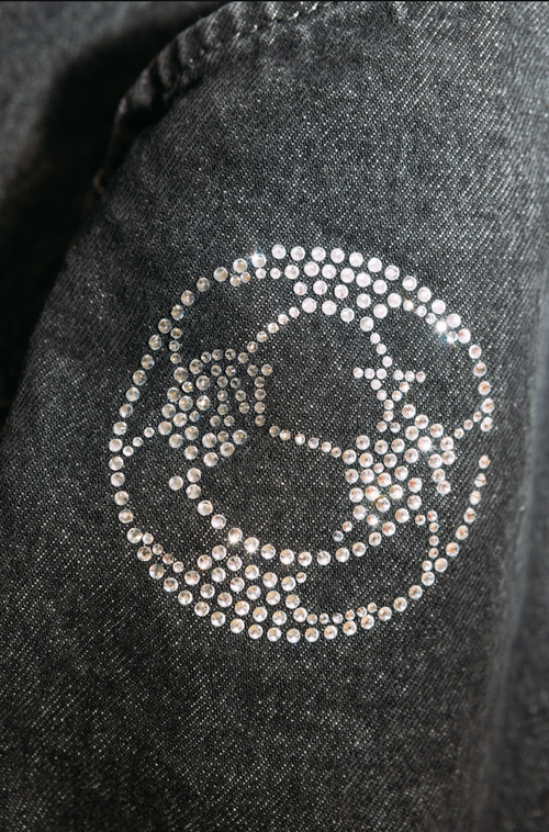 Rhinestone transfer applied by heat press at a live event