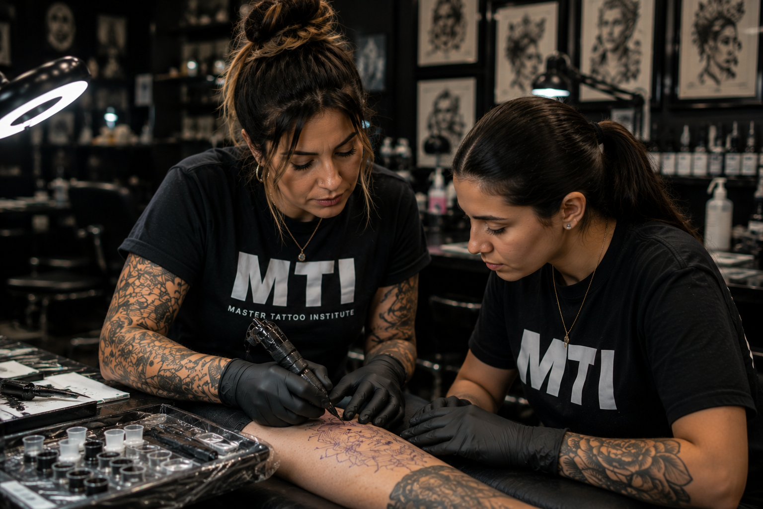 Tattoo artist teaching in studio