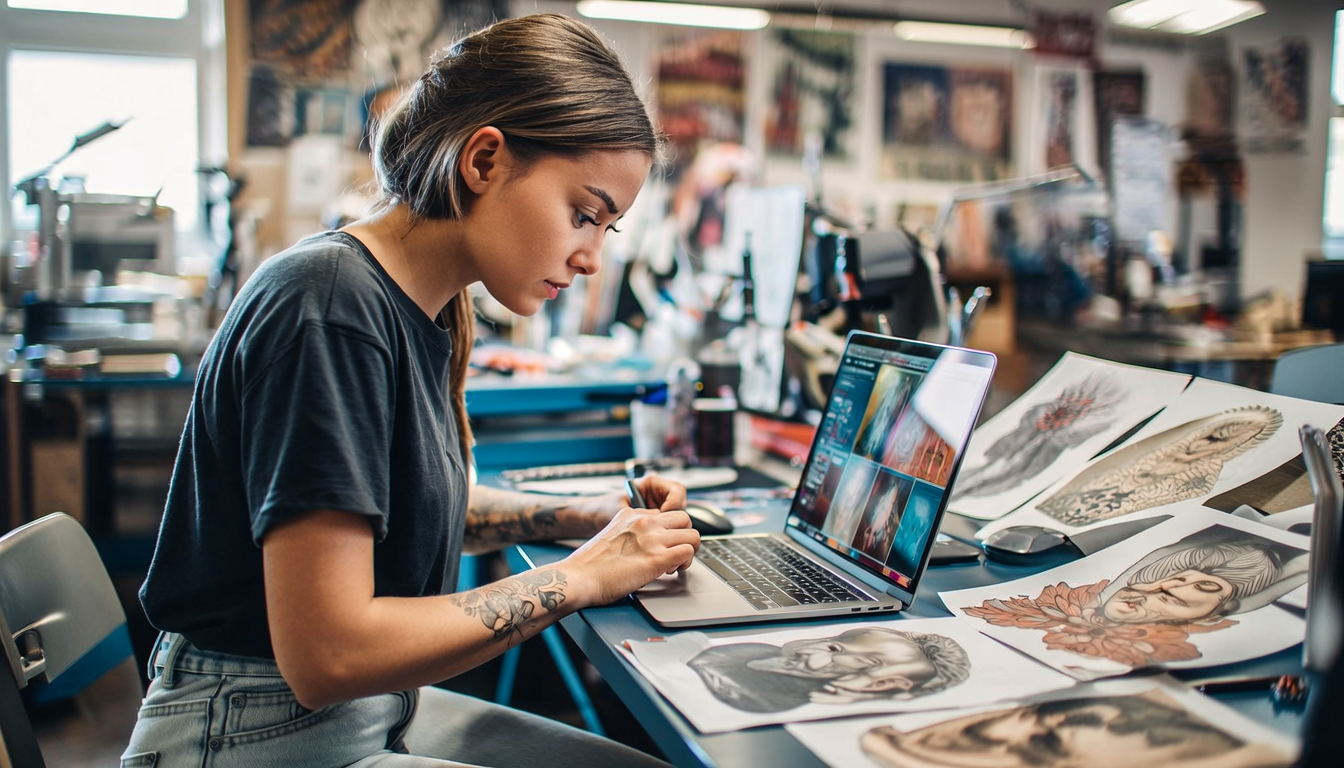 Tattoo student working on portfolio