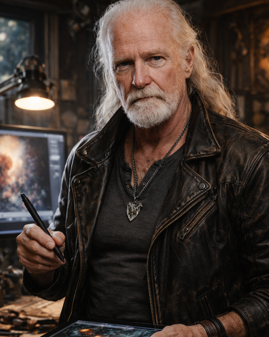 Portrait of Bryan Lee Poulter, working as Silver, holding a stylus and digital tablet.