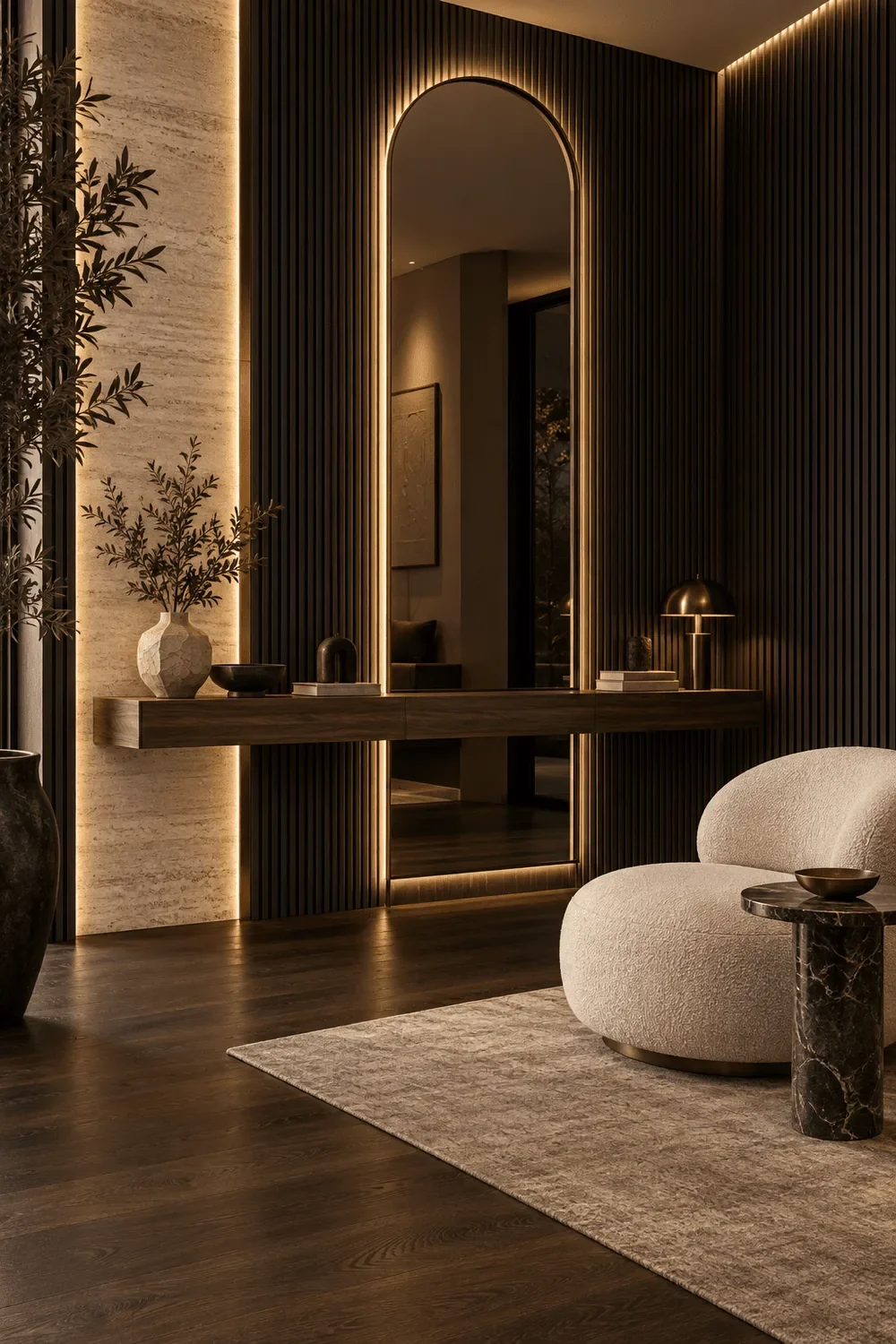 Design concept of a dark fluted accent wall with an illuminated arched mirror, floating console and ivory chair