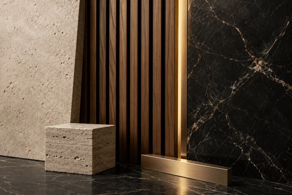 Concept material palette of walnut slats, ivory stone texture, black marble-look surface and brass trim