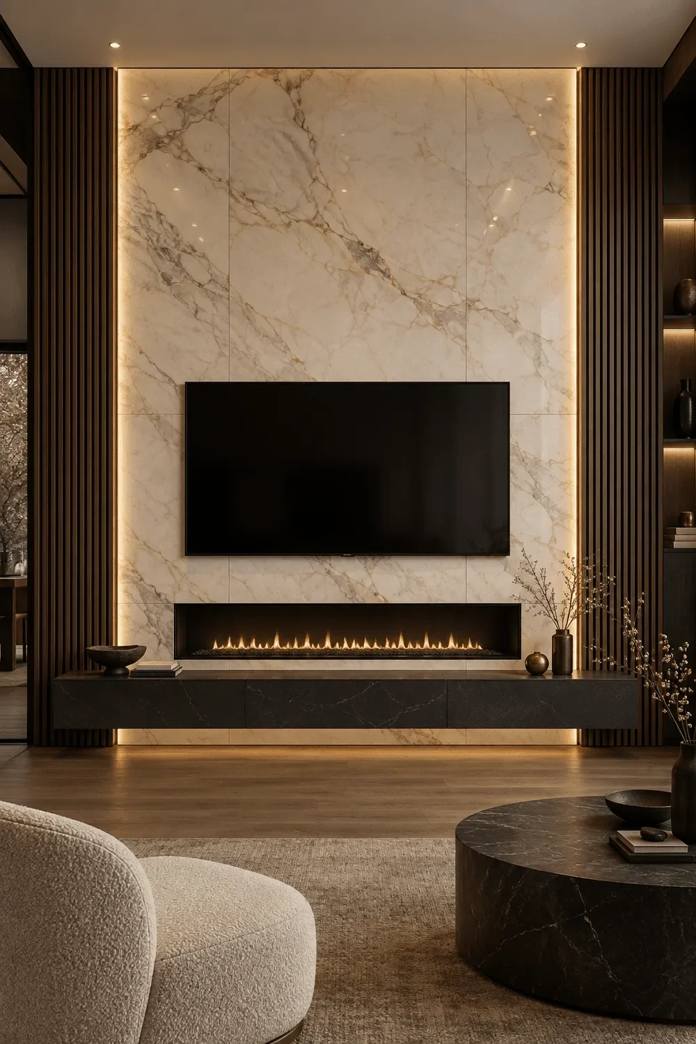 Design concept of an ivory marble-look TV and fireplace wall with dark walnut slats and warm LED lighting