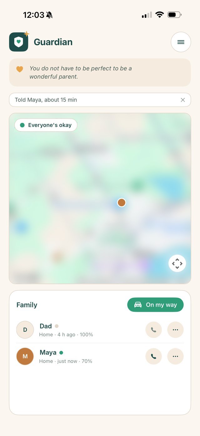 The Guardian app for parents: everyone's okay, a shared family map, and an On my way button